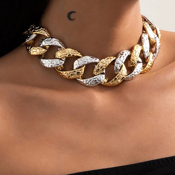 Big Flat Link Chain Metallic Gold Reptile Leopard Flexible Necklace Silver - Picture 3 of 15